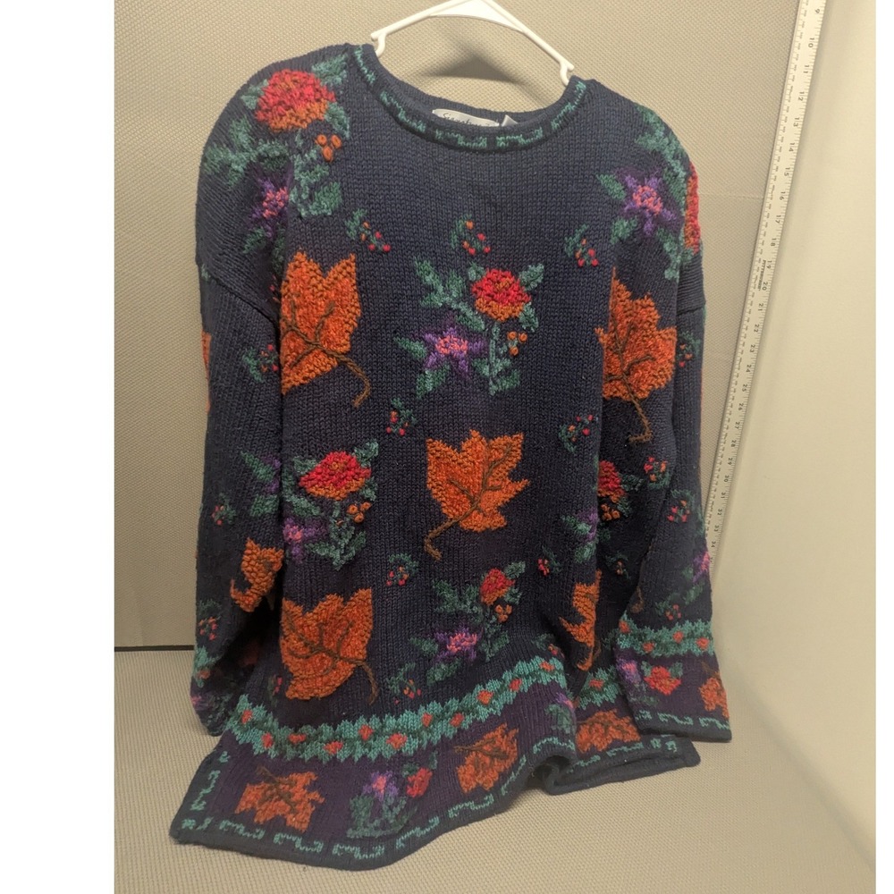 VTG Hand Knit Falling Leaf Floral Sweater Navy Signatures by Northern Isles 3X